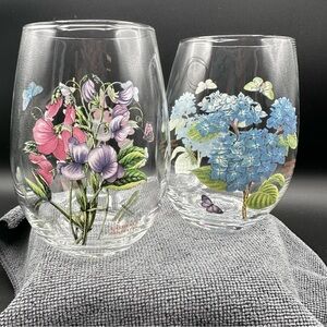 Like New - Portmeirion - Floral Stemless Wine Glasses Set of 2